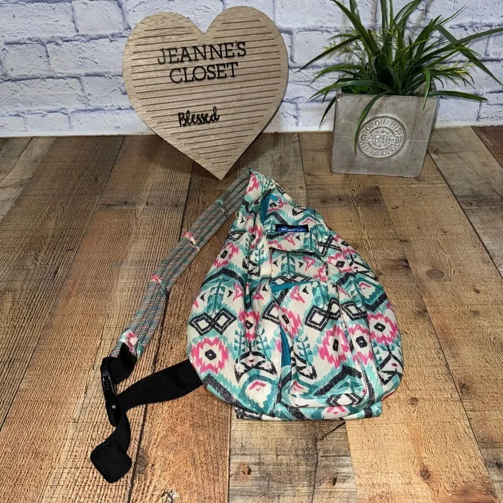 Kavu Rope Crossbody Sling Bag Aztec Southwestern Geometric Teal/Pink/Black